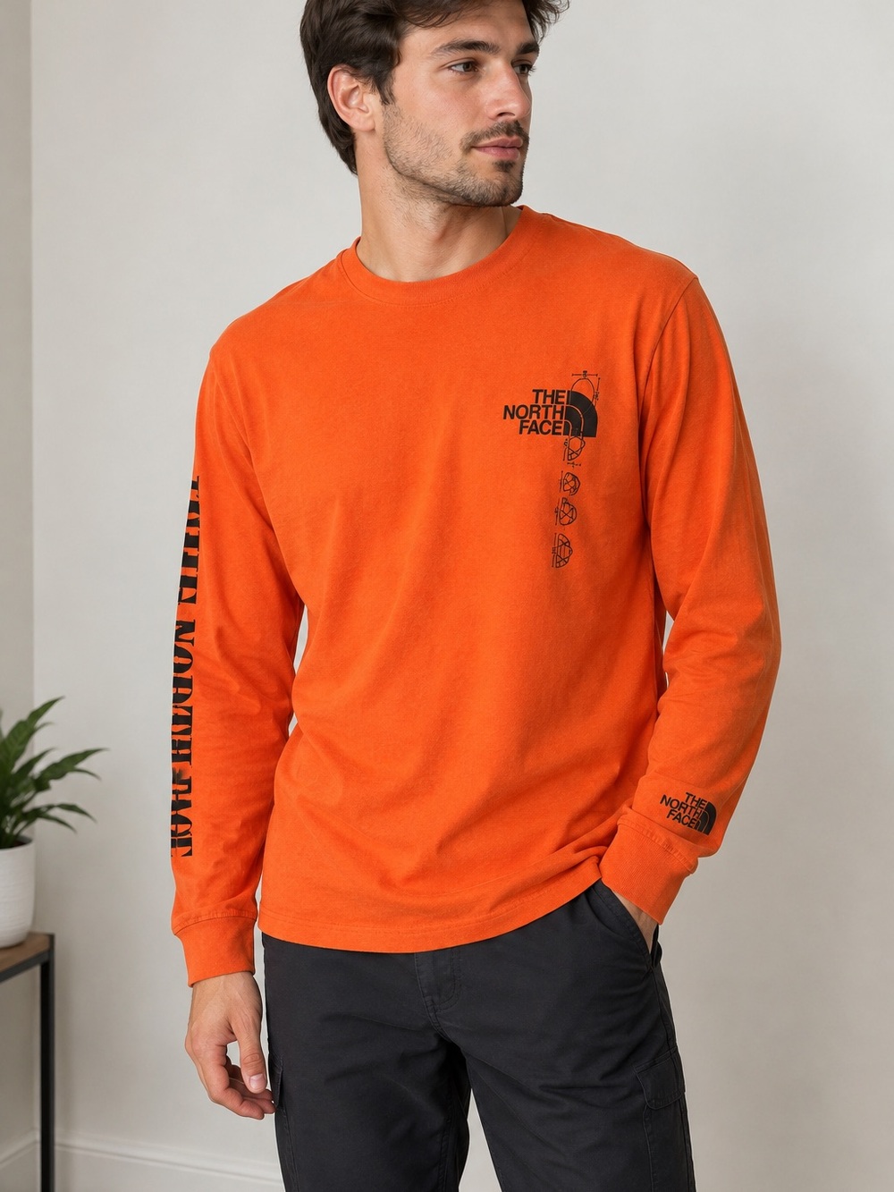 The North Face Men's Long Sleeve Graphic Tee - Orange with Black Logos